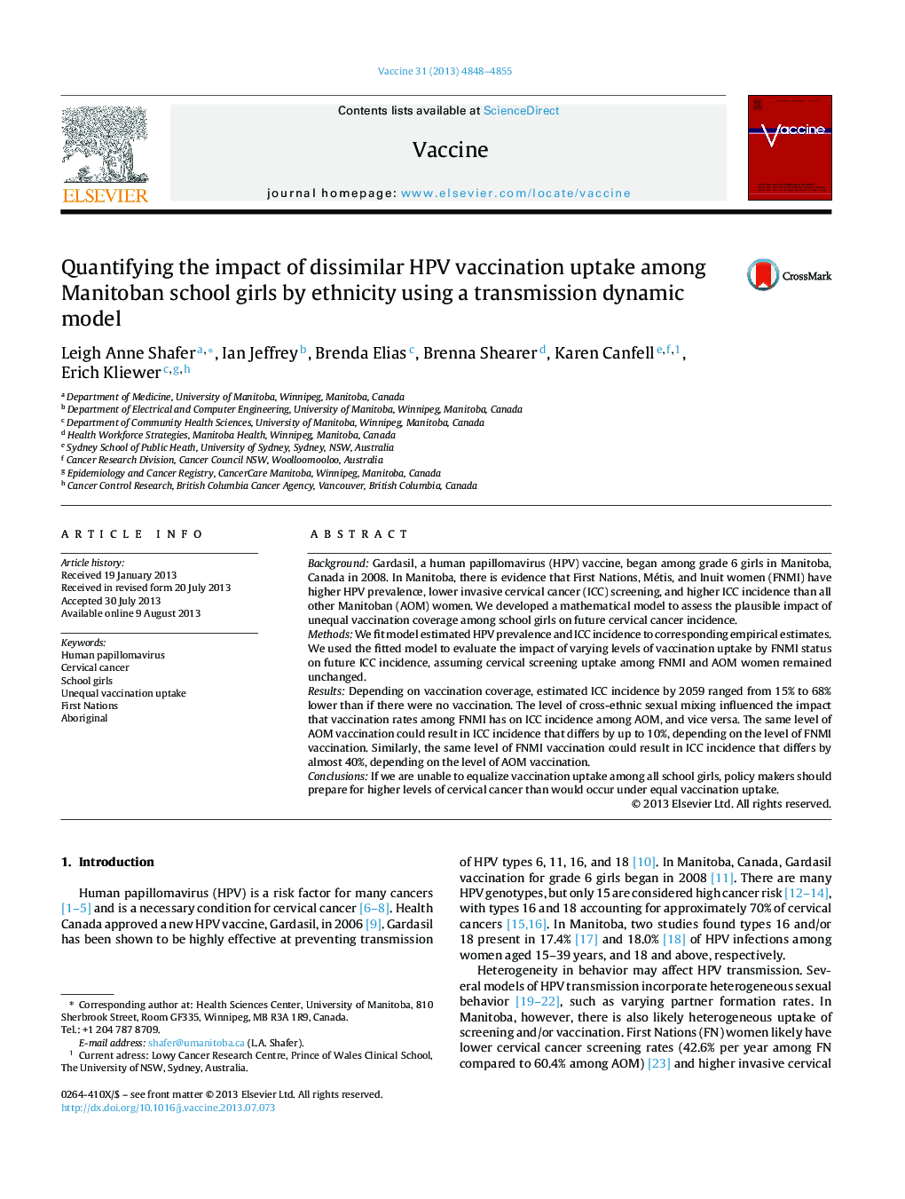 Quantifying the impact of dissimilar HPV vaccination uptake among Manitoban school girls by ethnicity using a transmission dynamic model