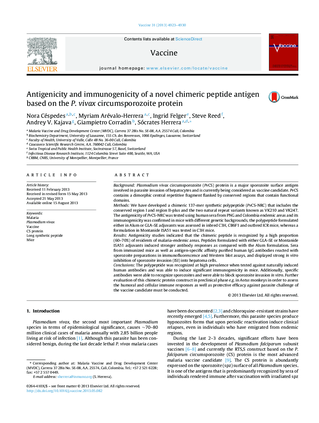 Antigenicity and immunogenicity of a novel chimeric peptide antigen based on the P. vivax circumsporozoite protein
