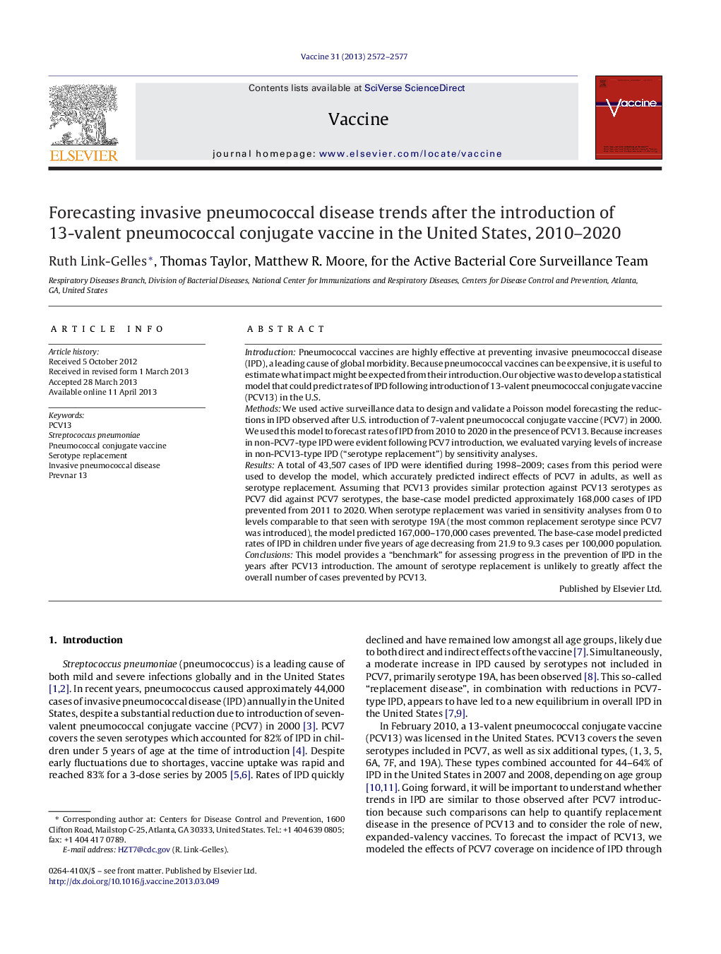 Forecasting invasive pneumococcal disease trends after the introduction of 13-valent pneumococcal conjugate vaccine in the United States, 2010-2020