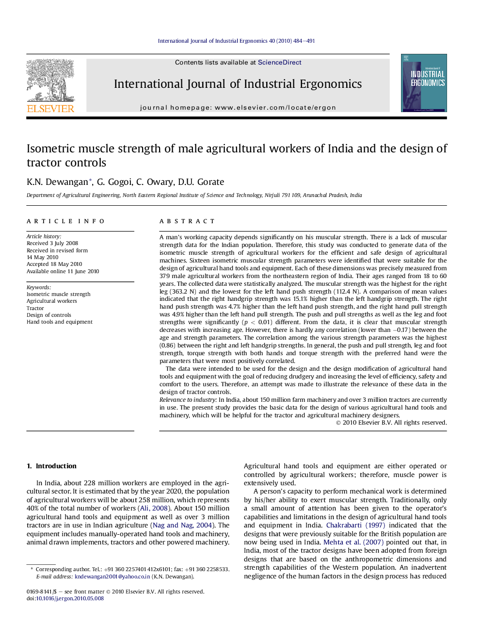 Isometric muscle strength of male agricultural workers of India and the design of tractor controls