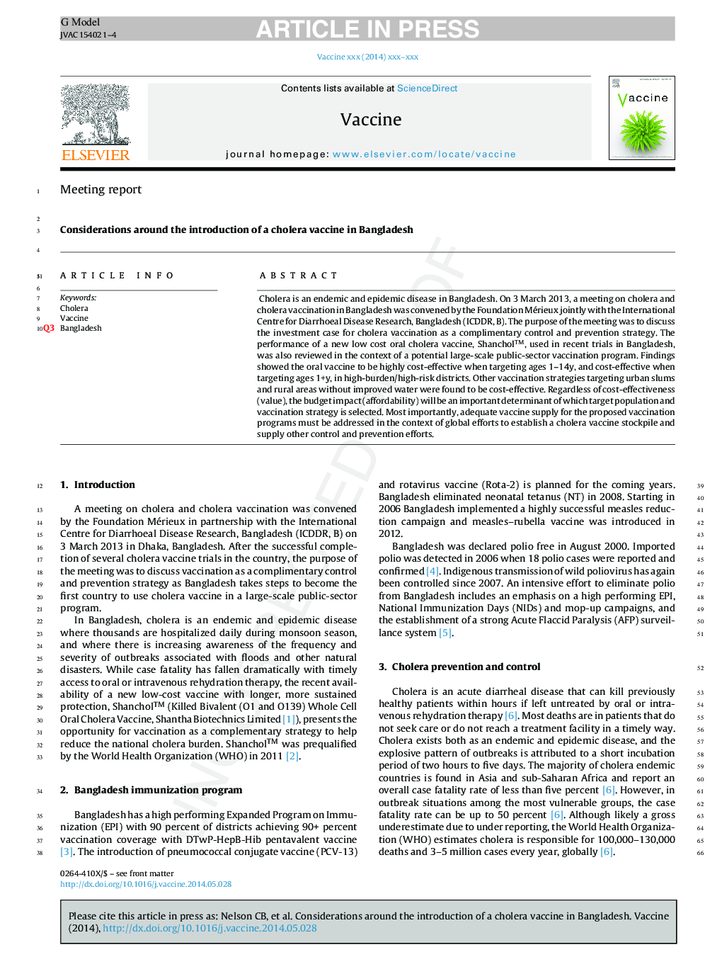 Considerations around the introduction of a cholera vaccine in Bangladesh