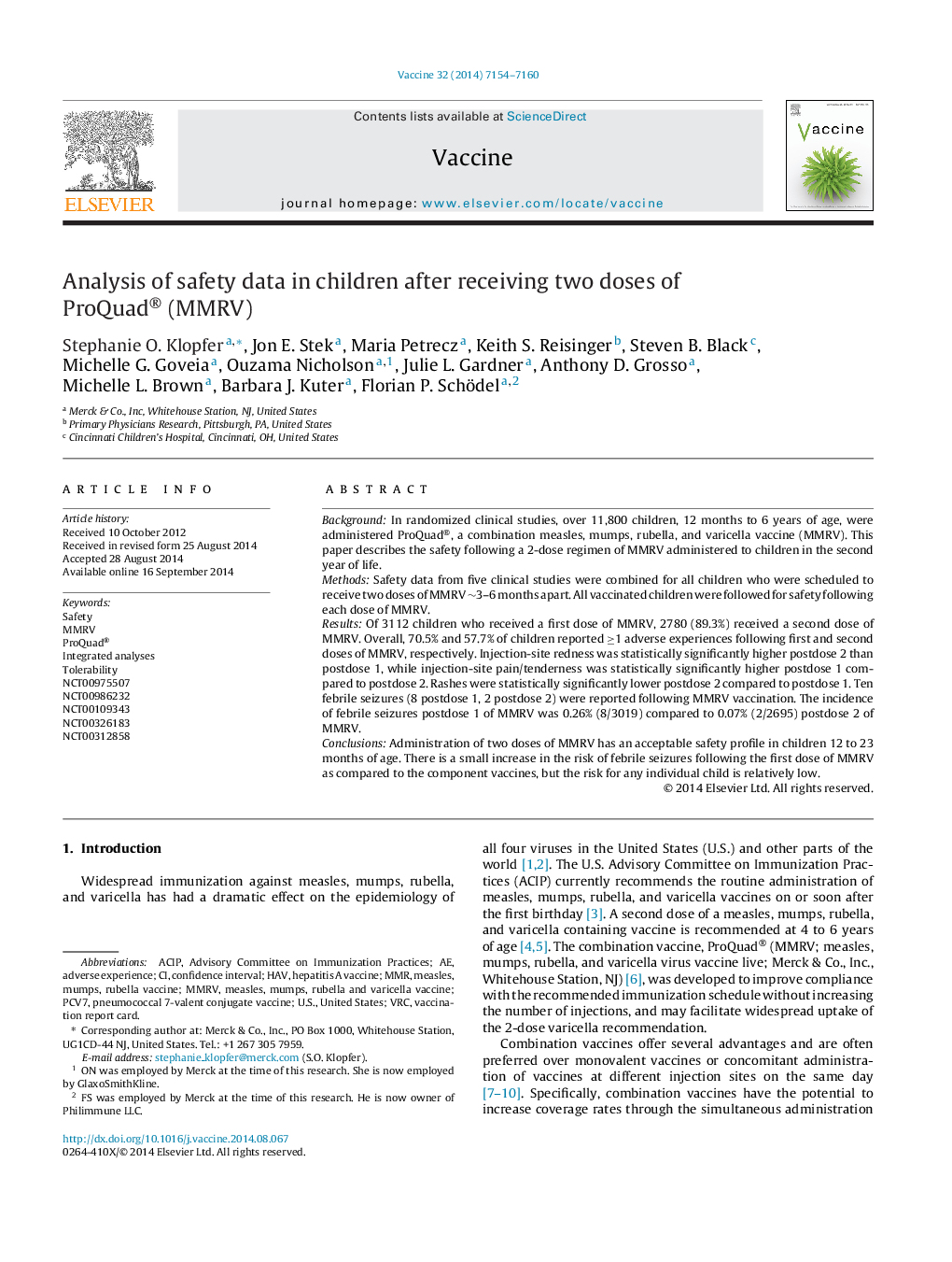 Analysis of safety data in children after receiving two doses of ProQuad® (MMRV)