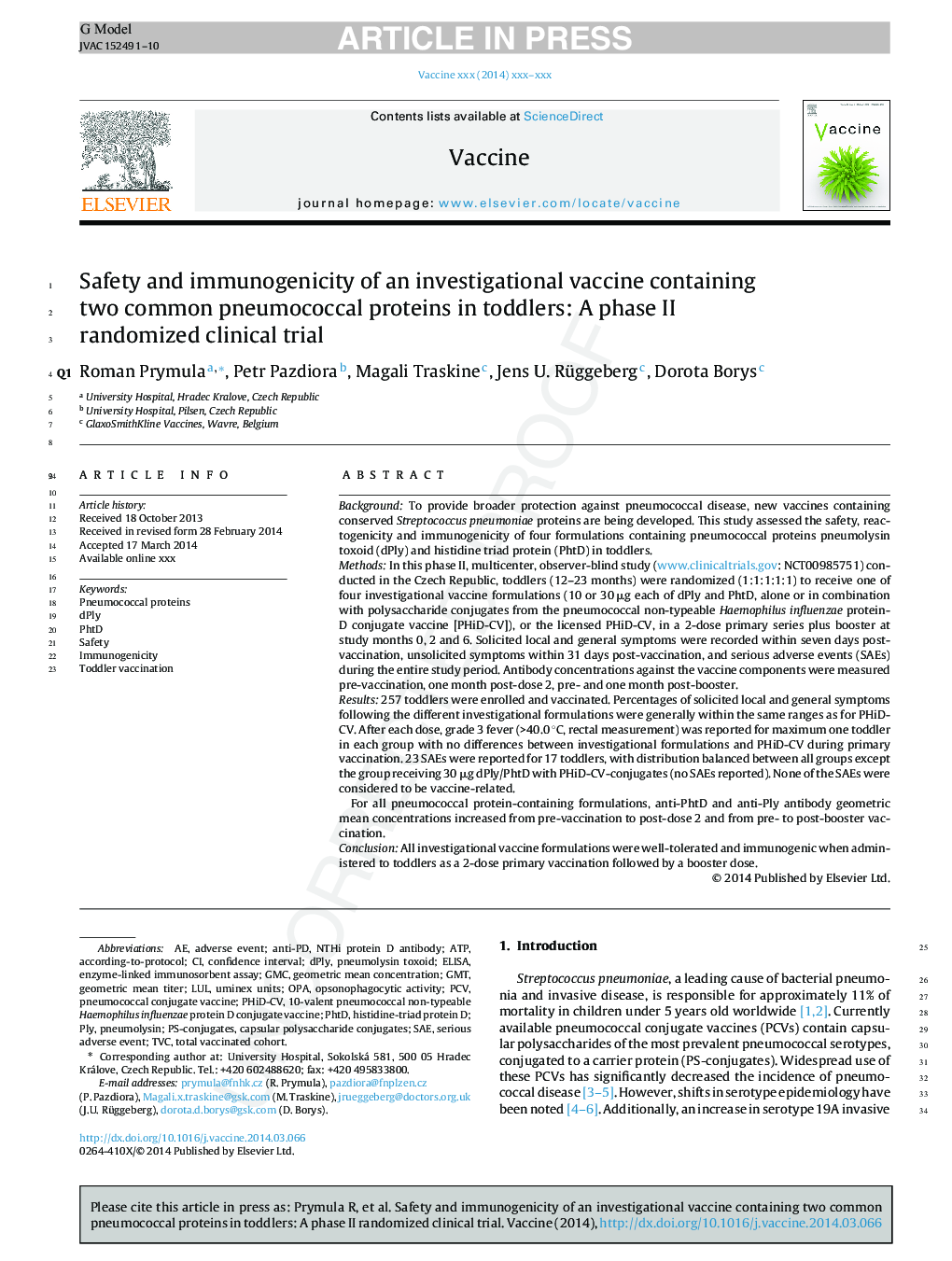 Safety and immunogenicity of an investigational vaccine containing two common pneumococcal proteins in toddlers: A phase II randomized clinical trial