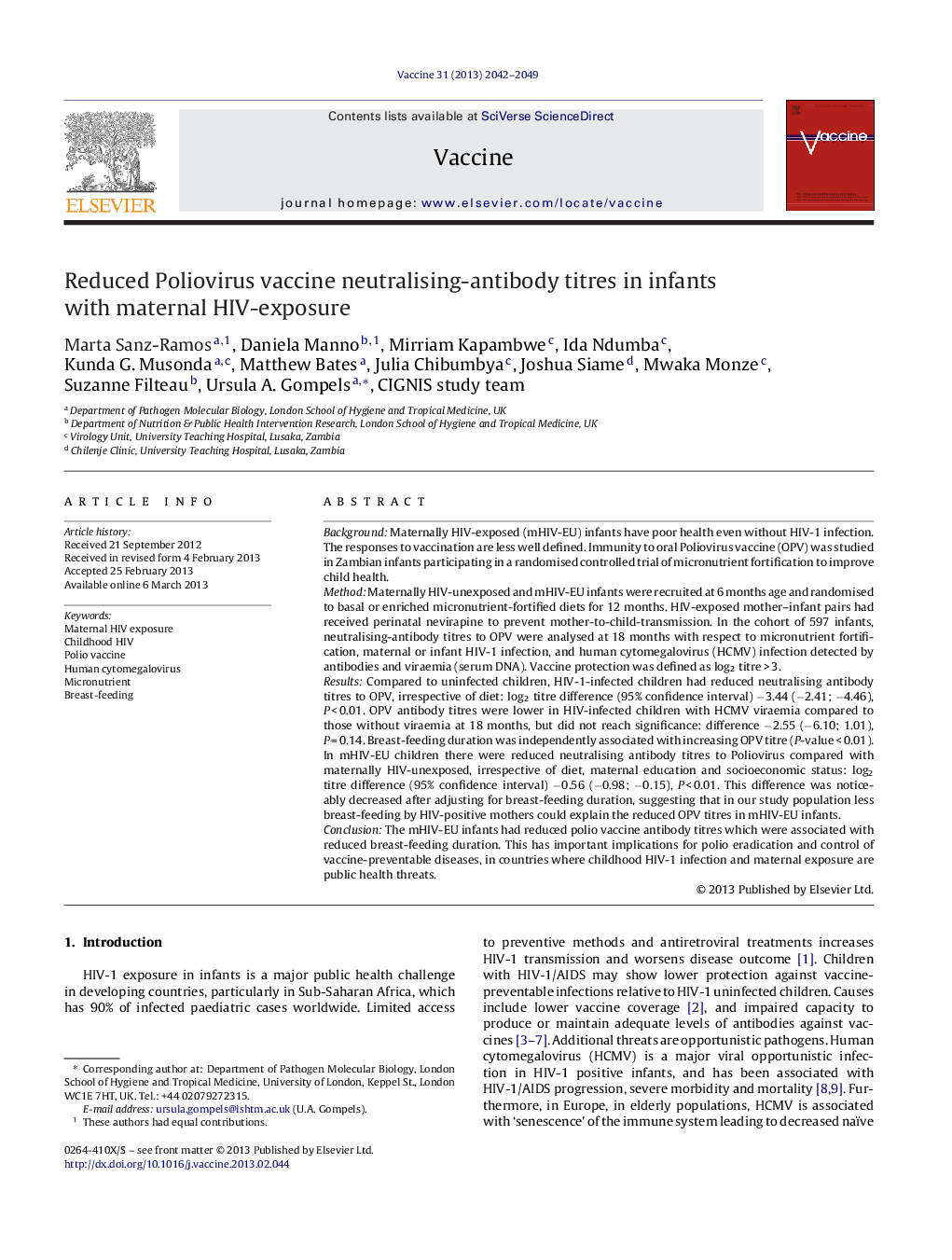 Reduced Poliovirus vaccine neutralising-antibody titres in infants with maternal HIV-exposure