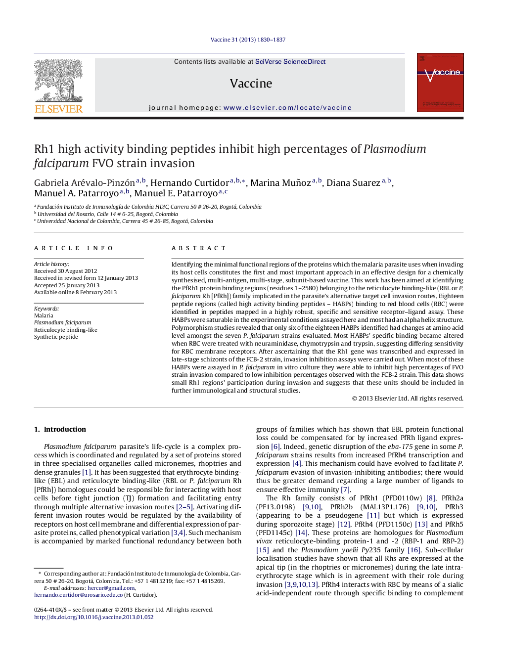 Rh1 high activity binding peptides inhibit high percentages of Plasmodium falciparum FVO strain invasion