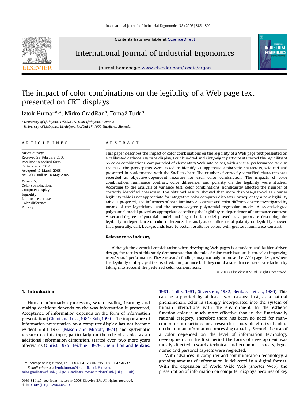 The impact of color combinations on the legibility of a Web page text presented on CRT displays