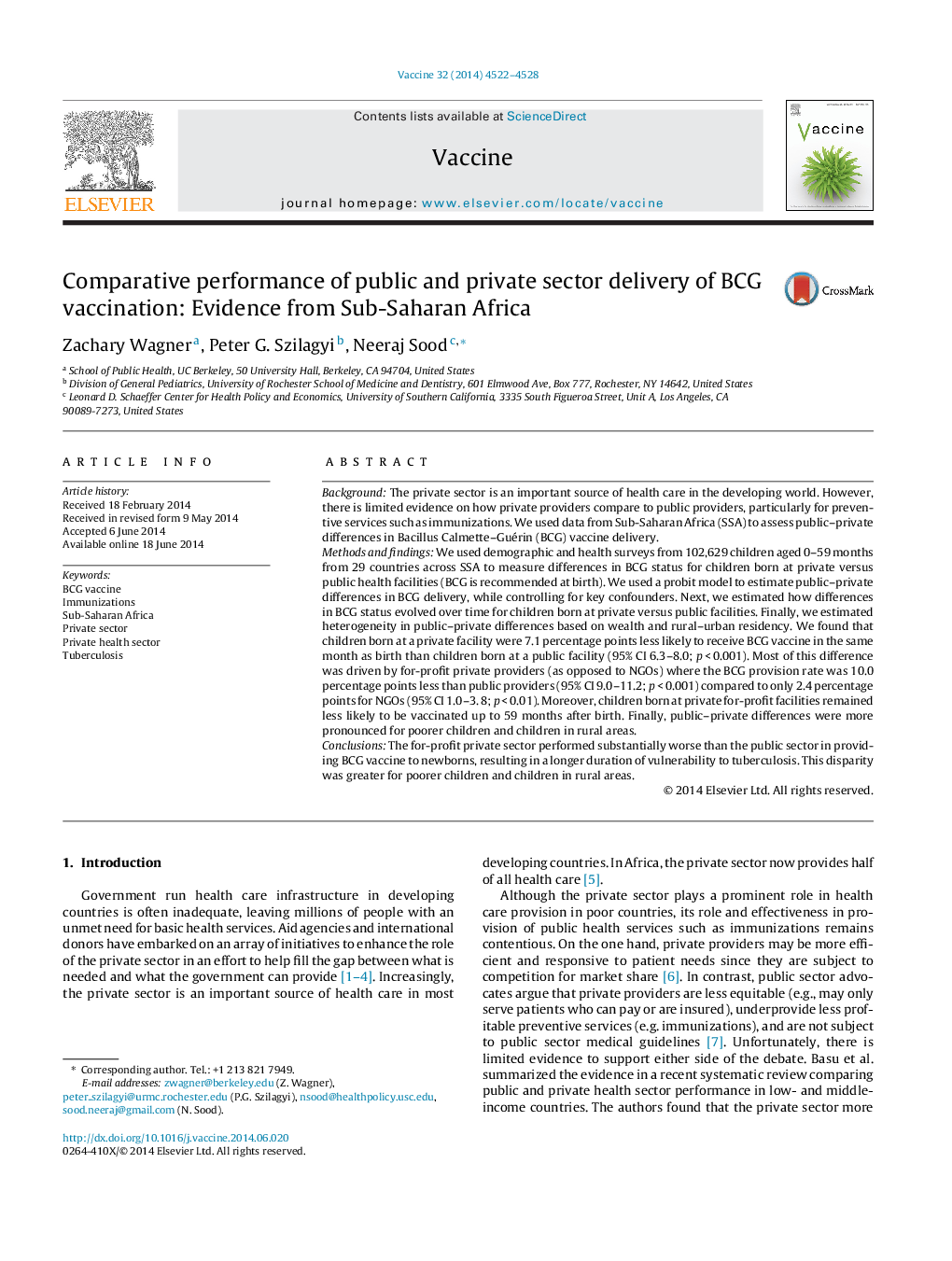 Comparative performance of public and private sector delivery of BCG vaccination: Evidence from Sub-Saharan Africa