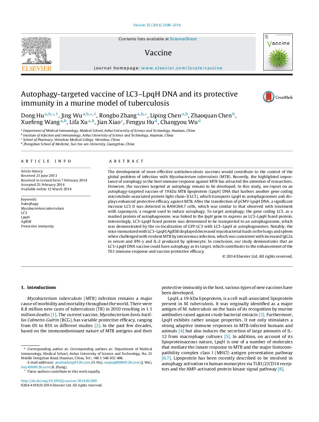 Autophagy-targeted vaccine of LC3-LpqH DNA and its protective immunity in a murine model of tuberculosis