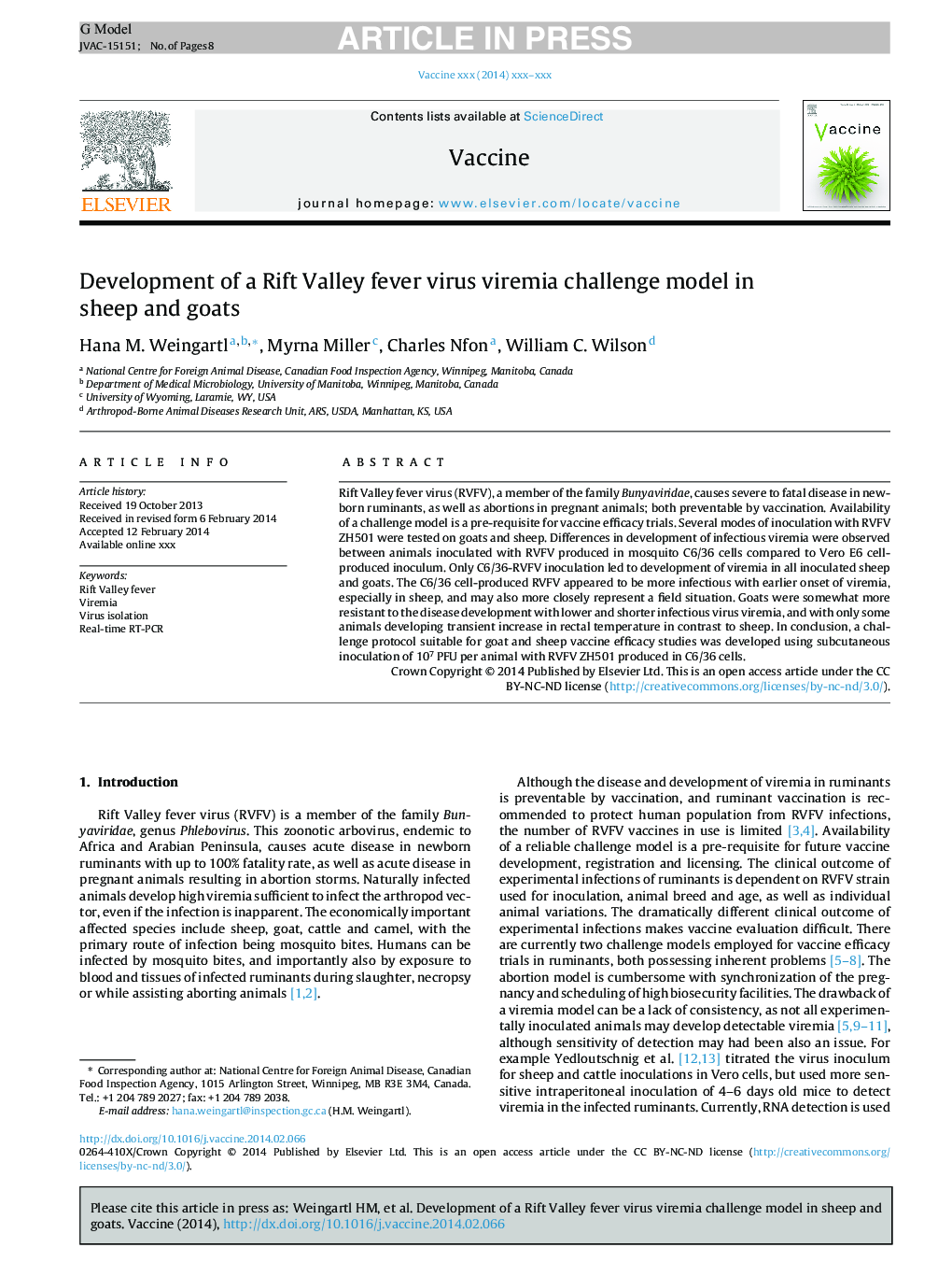 Development of a Rift Valley fever virus viremia challenge model in sheep and goats