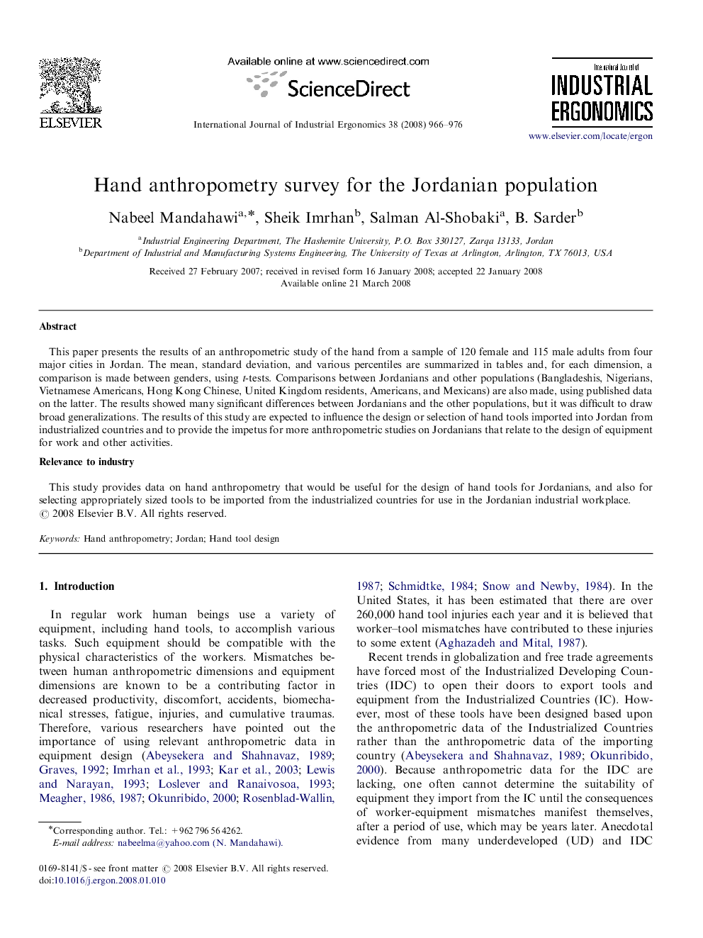 Hand anthropometry survey for the Jordanian population