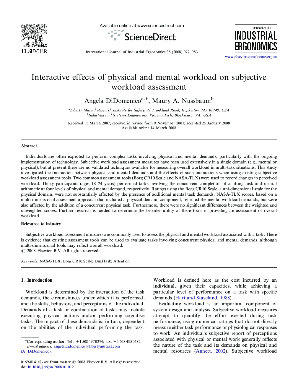 Interactive effects of physical and mental workload on subjective workload assessment