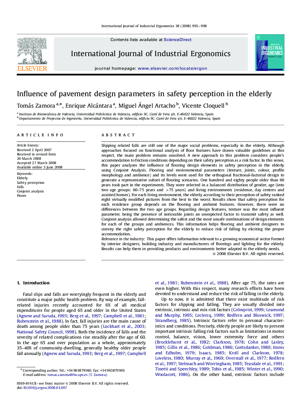 Influence of pavement design parameters in safety perception in the elderly