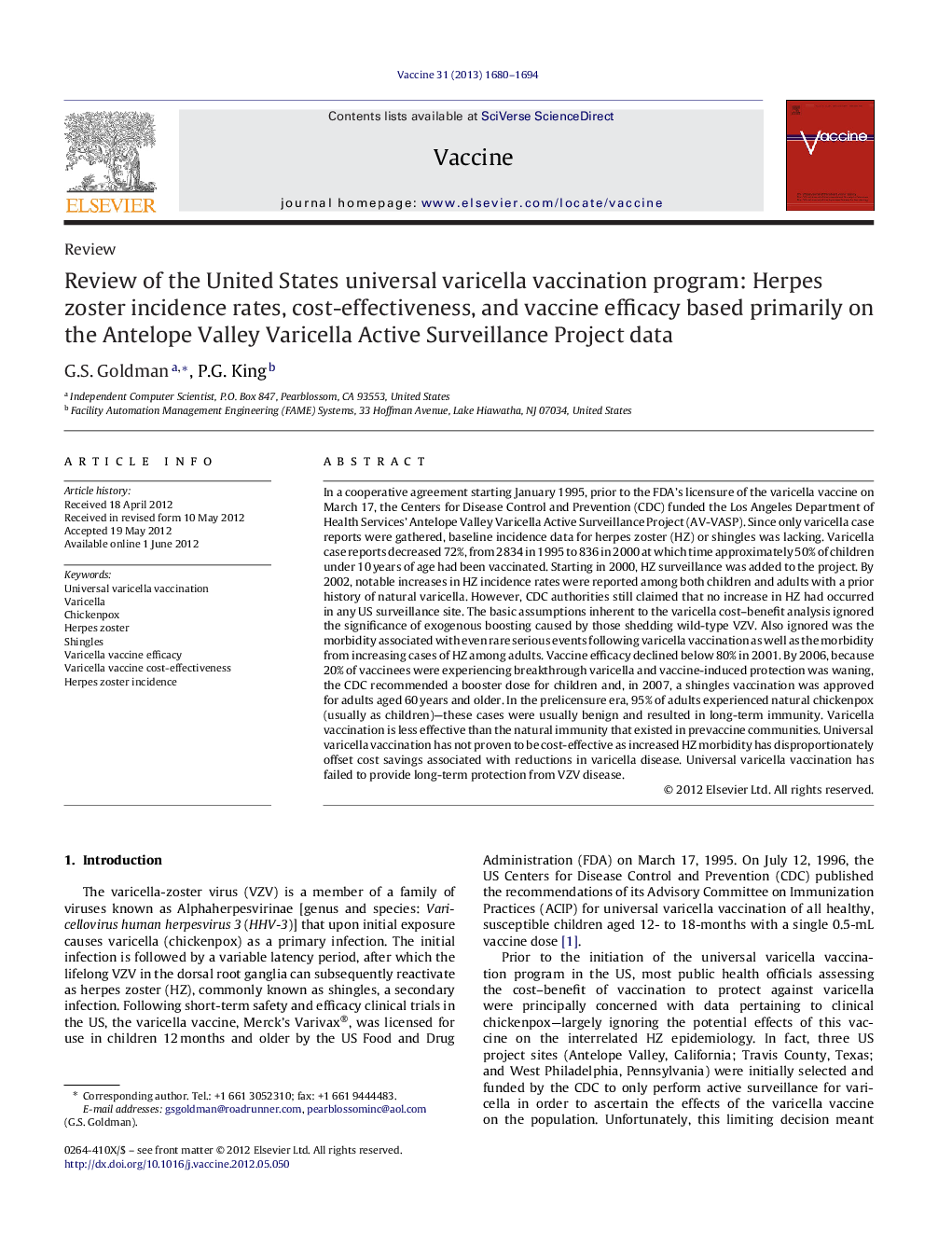 Review of the United States universal varicella vaccination program: Herpes zoster incidence rates, cost-effectiveness, and vaccine efficacy based primarily on the Antelope Valley Varicella Active Surveillance Project data