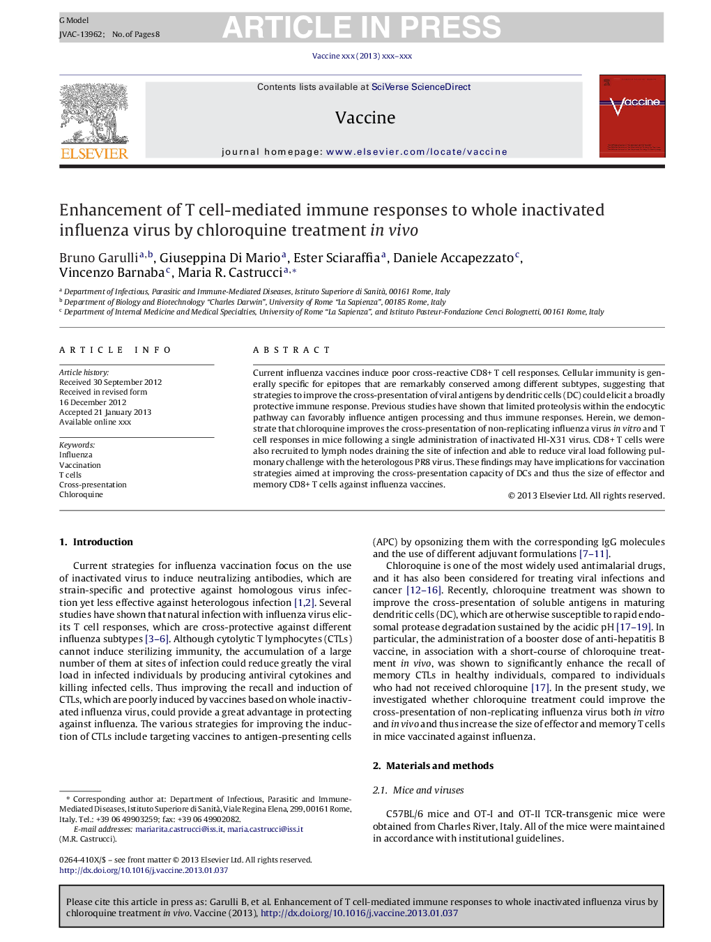 Enhancement of T cell-mediated immune responses to whole inactivated influenza virus by chloroquine treatment in vivo