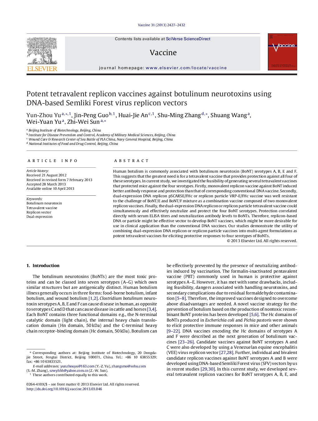 Potent tetravalent replicon vaccines against botulinum neurotoxins using DNA-based Semliki Forest virus replicon vectors