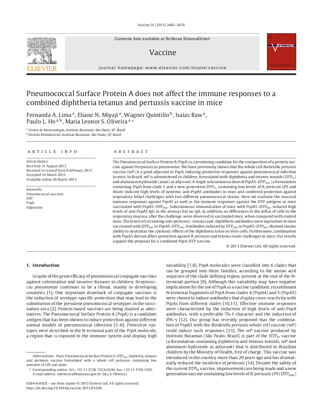 Pneumococcal Surface Protein A does not affect the immune responses to a combined diphtheria tetanus and pertussis vaccine in mice