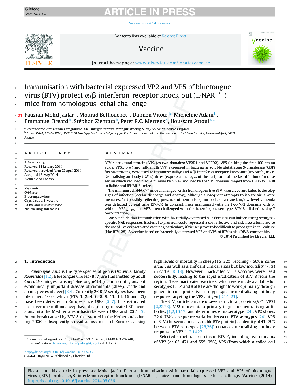 Immunisation with bacterial expressed VP2 and VP5 of bluetongue virus (BTV) protect Î±/Î² interferon-receptor knock-out (IFNARâ/â) mice from homologous lethal challenge