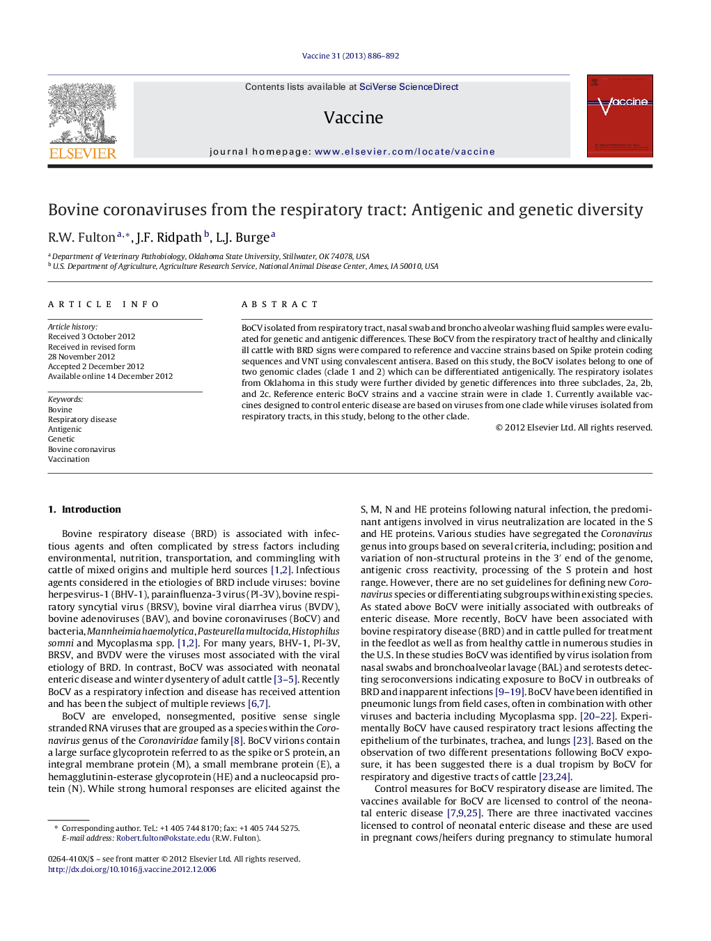 Bovine coronaviruses from the respiratory tract: Antigenic and genetic diversity