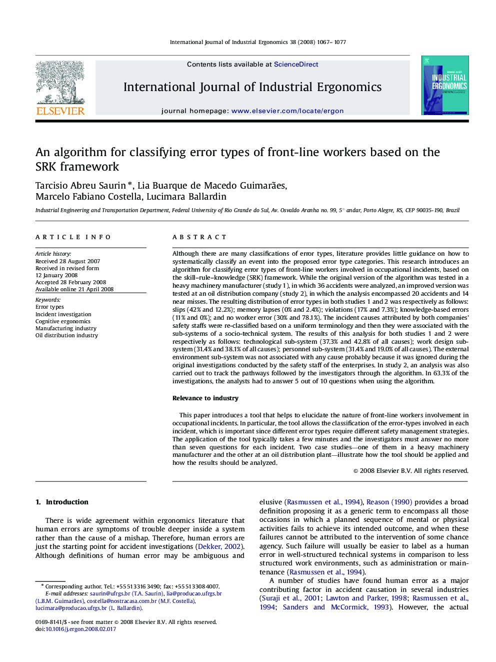 An algorithm for classifying error types of front-line workers based on the SRK framework