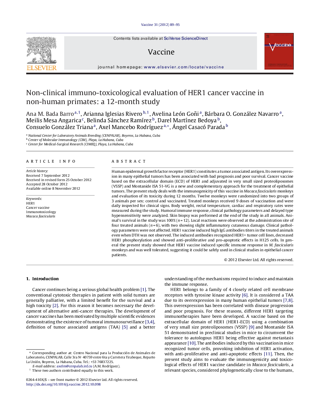 Non-clinical immuno-toxicological evaluation of HER1 cancer vaccine in non-human primates: a 12-month study