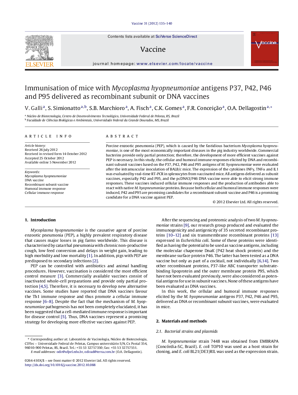 Immunisation of mice with Mycoplasma hyopneumoniae antigens P37, P42, P46 and P95 delivered as recombinant subunit or DNA vaccines