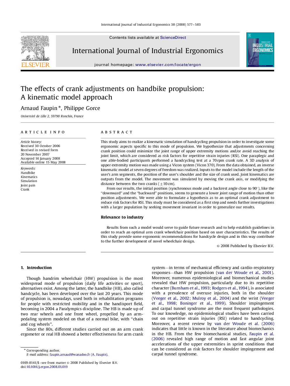 The effects of crank adjustments on handbike propulsion: A kinematic model approach