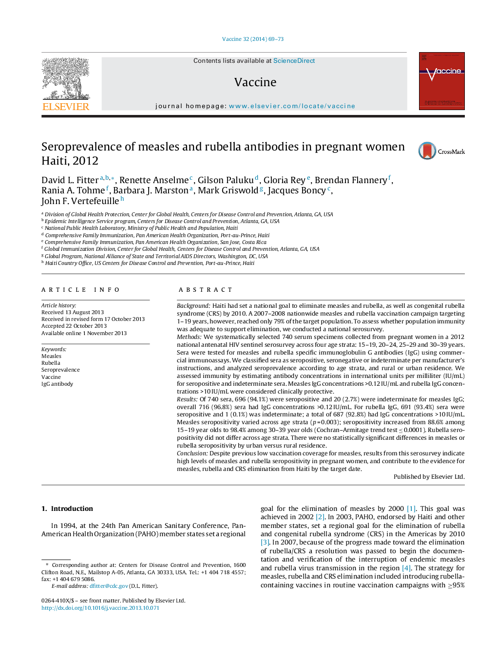 Seroprevalence of measles and rubella antibodies in pregnant women Haiti, 2012