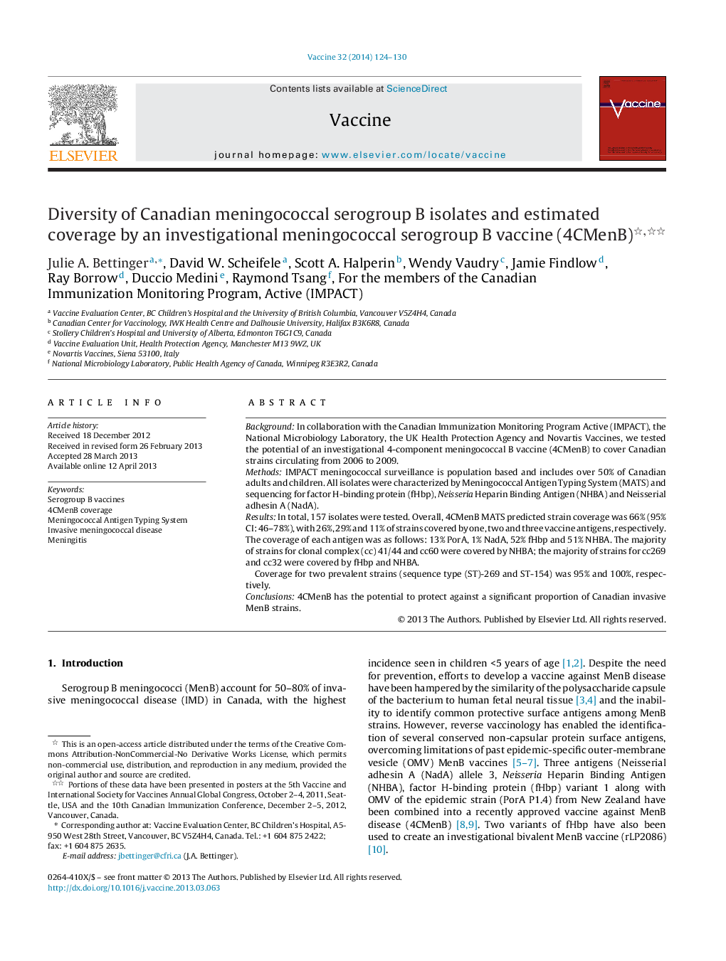 Diversity of Canadian meningococcal serogroup B isolates and estimated coverage by an investigational meningococcal serogroup B vaccine (4CMenB)