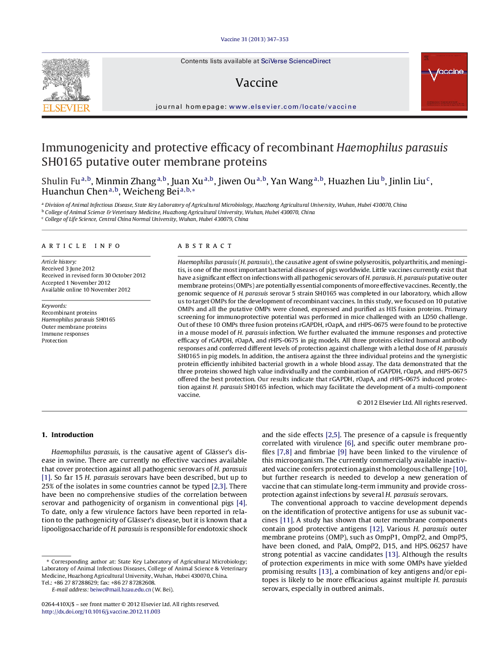 Immunogenicity and protective efficacy of recombinant Haemophilus parasuis SH0165 putative outer membrane proteins