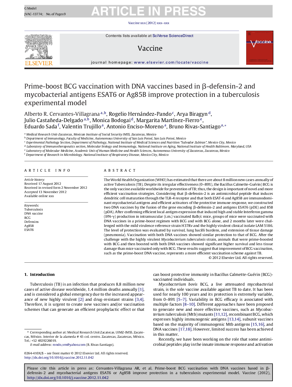 Prime-boost BCG vaccination with DNA vaccines based in Î²-defensin-2 and mycobacterial antigens ESAT6 or Ag85B improve protection in a tuberculosis experimental model