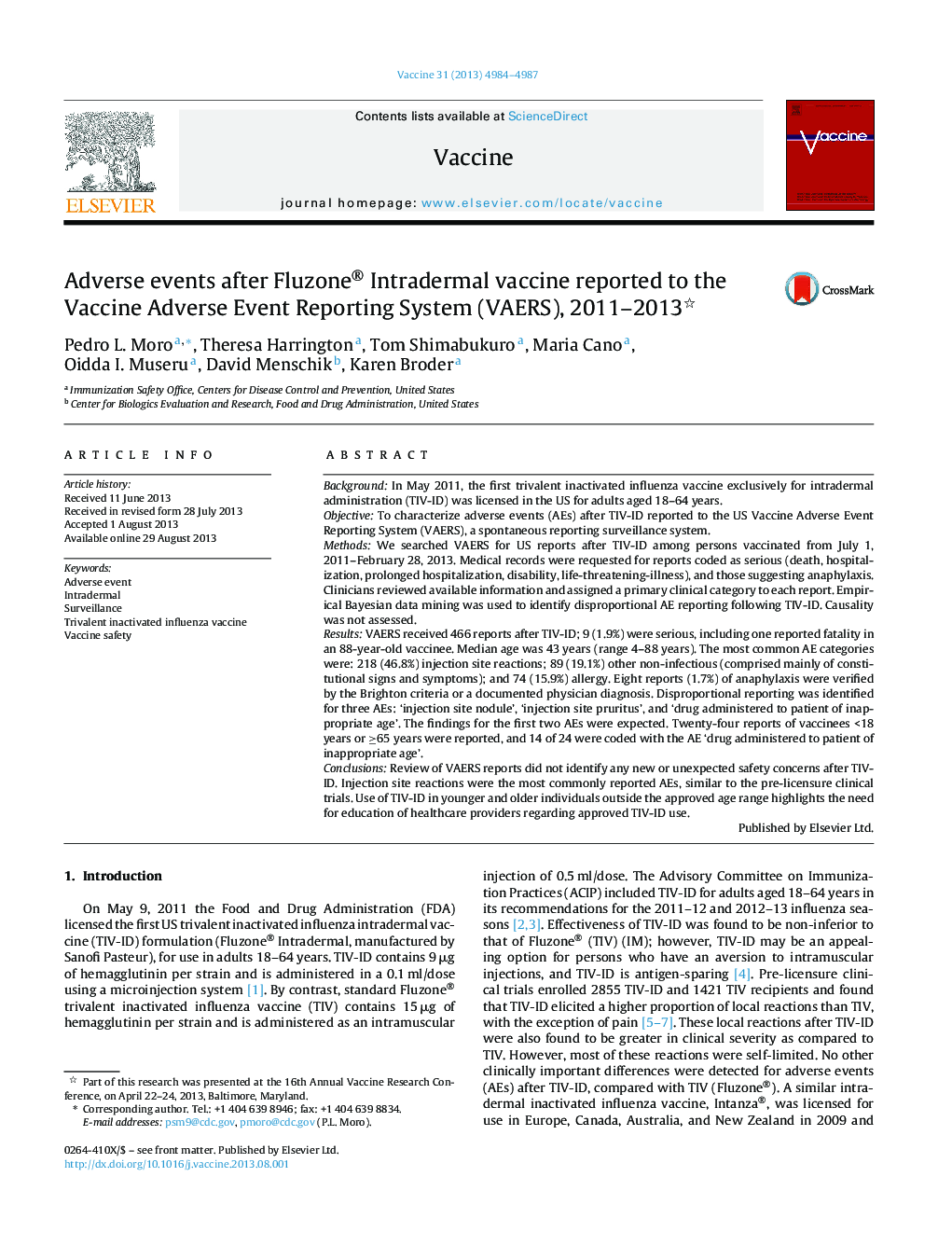 Adverse events after Fluzone® Intradermal vaccine reported to the Vaccine Adverse Event Reporting System (VAERS), 2011-2013