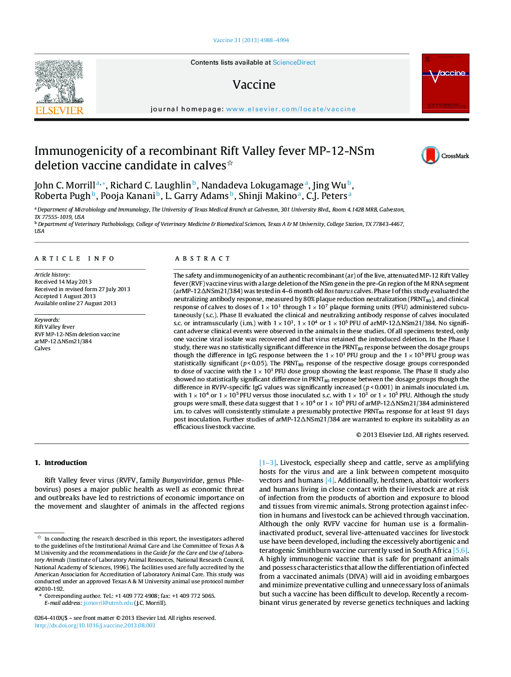 Immunogenicity of a recombinant Rift Valley fever MP-12-NSm deletion vaccine candidate in calves