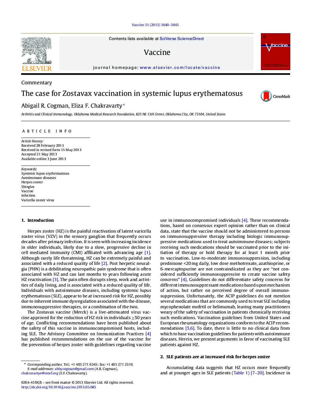 The case for Zostavax vaccination in systemic lupus erythematosus