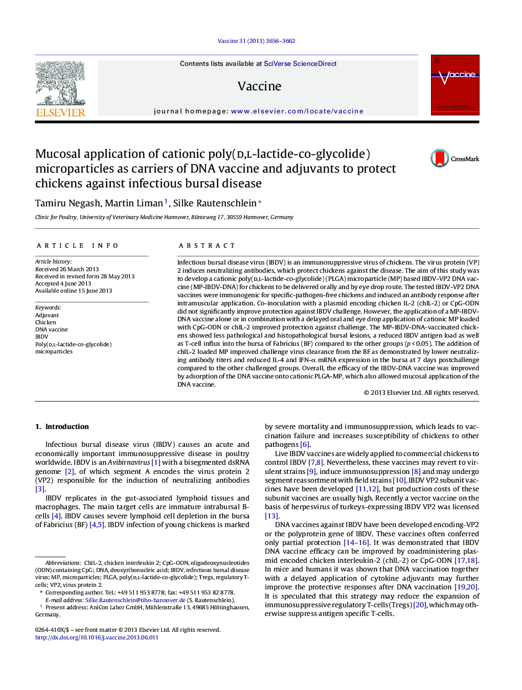 Mucosal application of cationic poly(d,l-lactide-co-glycolide) microparticles as carriers of DNA vaccine and adjuvants to protect chickens against infectious bursal disease