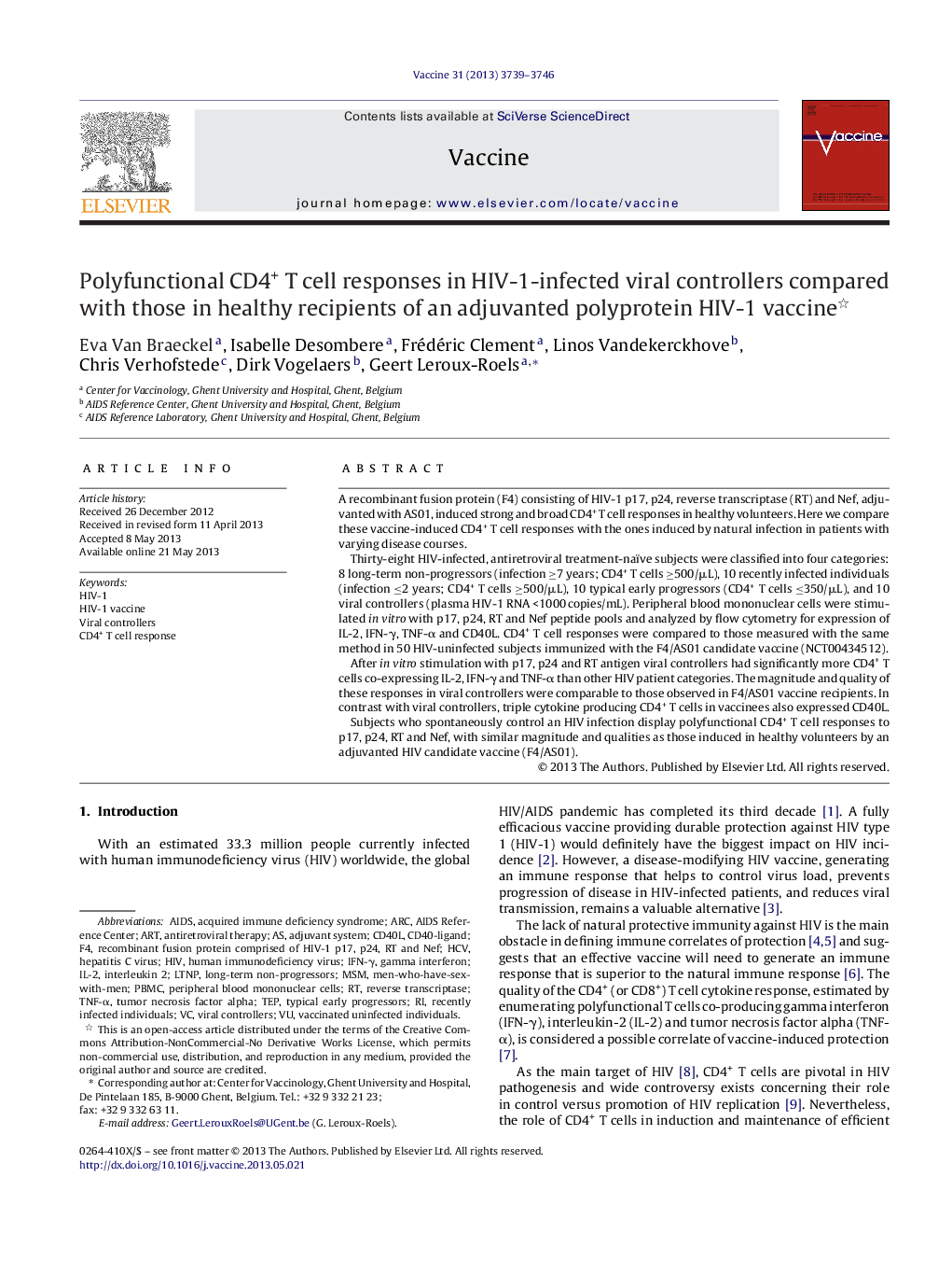 Polyfunctional CD4+ T cell responses in HIV-1-infected viral controllers compared with those in healthy recipients of an adjuvanted polyprotein HIV-1 vaccine