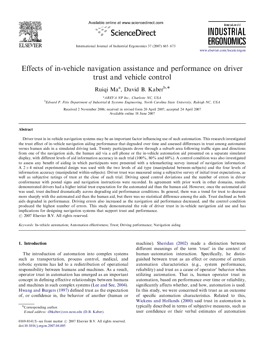 Effects of in-vehicle navigation assistance and performance on driver trust and vehicle control