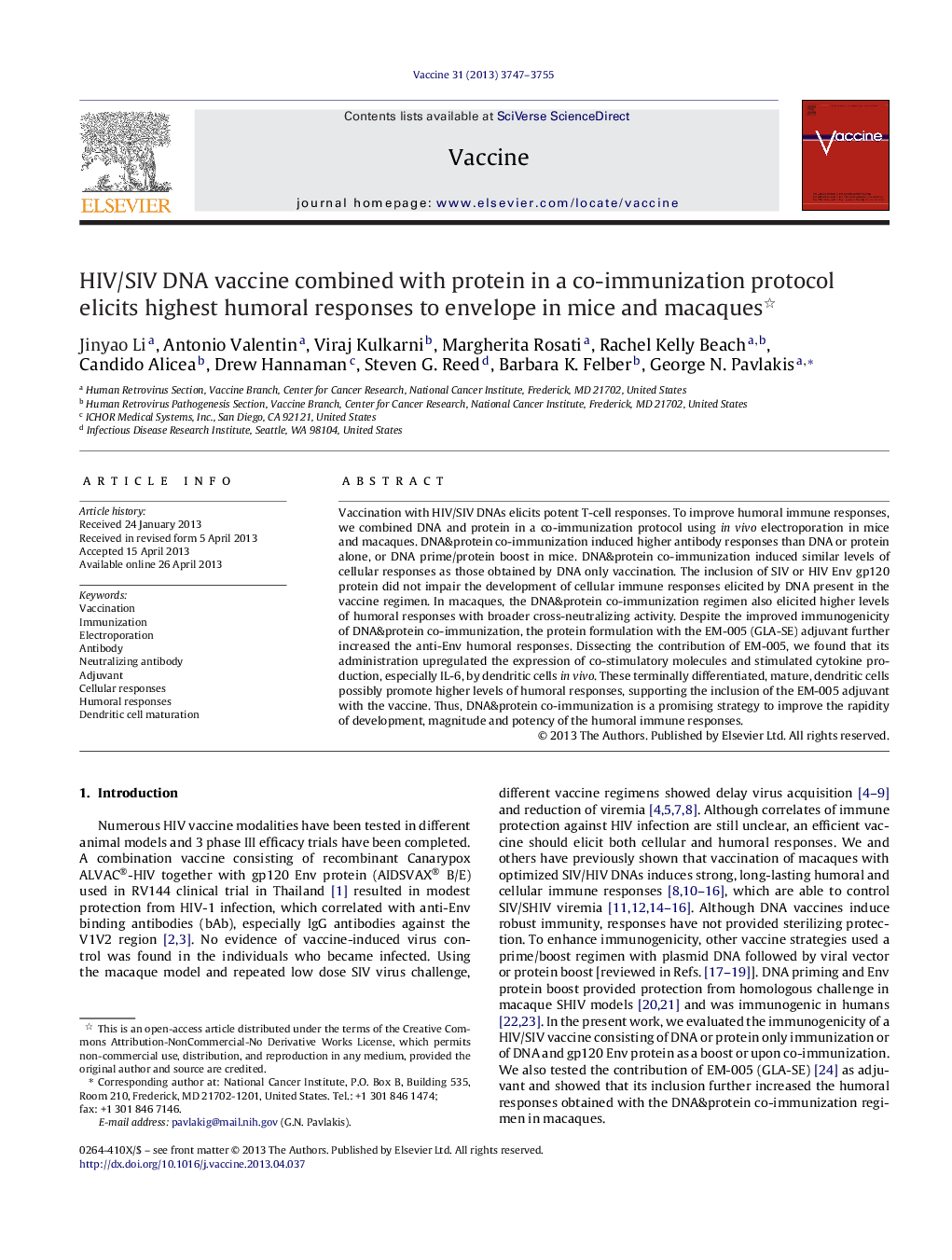 HIV/SIV DNA vaccine combined with protein in a co-immunization protocol elicits highest humoral responses to envelope in mice and macaques