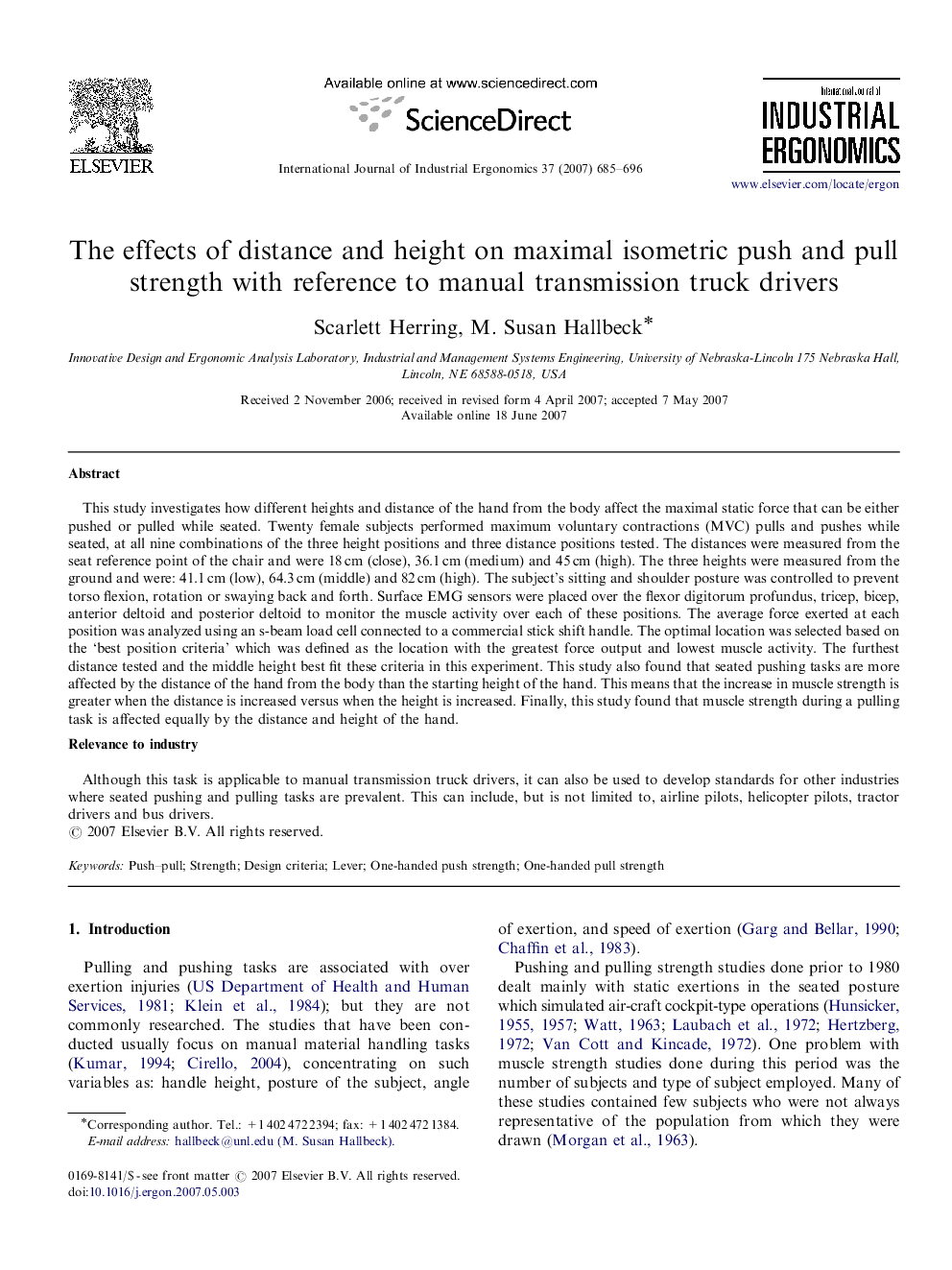 The effects of distance and height on maximal isometric push and pull strength with reference to manual transmission truck drivers