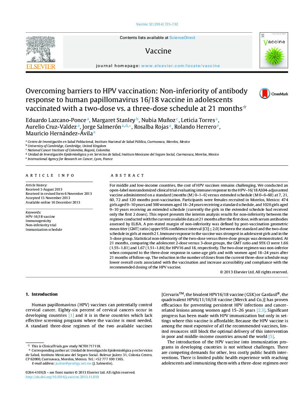 Overcoming barriers to HPV vaccination: Non-inferiority of antibody response to human papillomavirus 16/18 vaccine in adolescents vaccinated with a two-dose vs. a three-dose schedule at 21 months