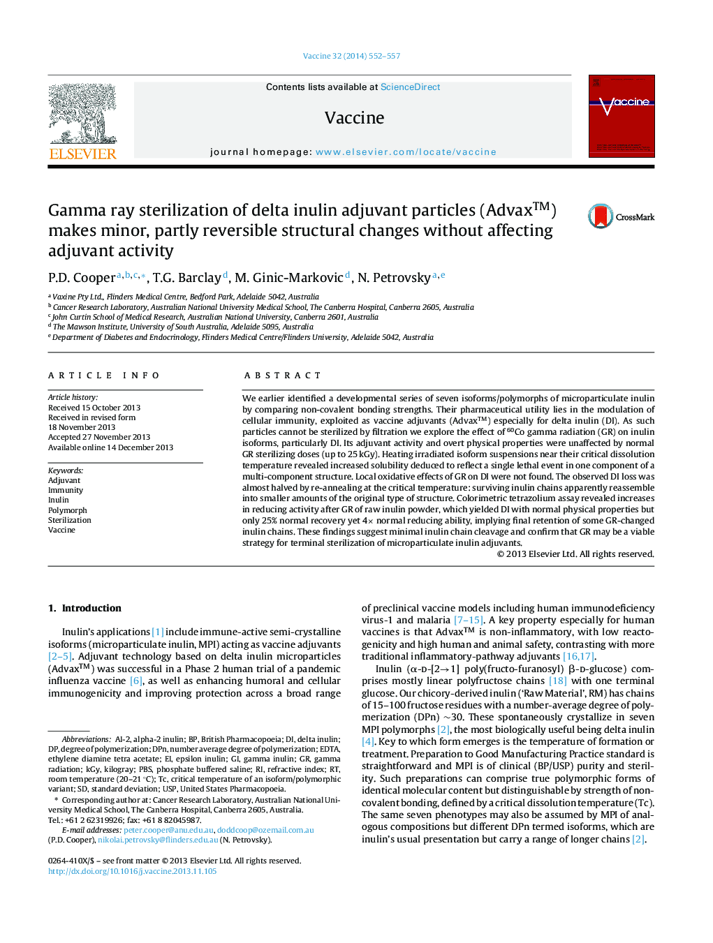 Gamma ray sterilization of delta inulin adjuvant particles (Advaxâ¢) makes minor, partly reversible structural changes without affecting adjuvant activity