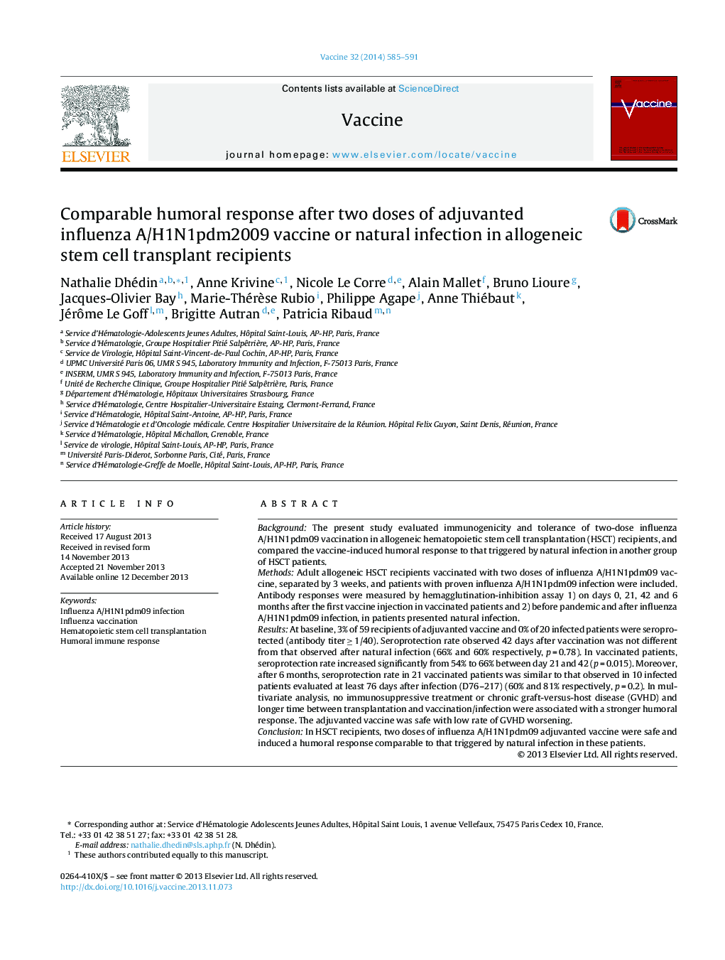 Comparable humoral response after two doses of adjuvanted influenza A/H1N1pdm2009 vaccine or natural infection in allogeneic stem cell transplant recipients