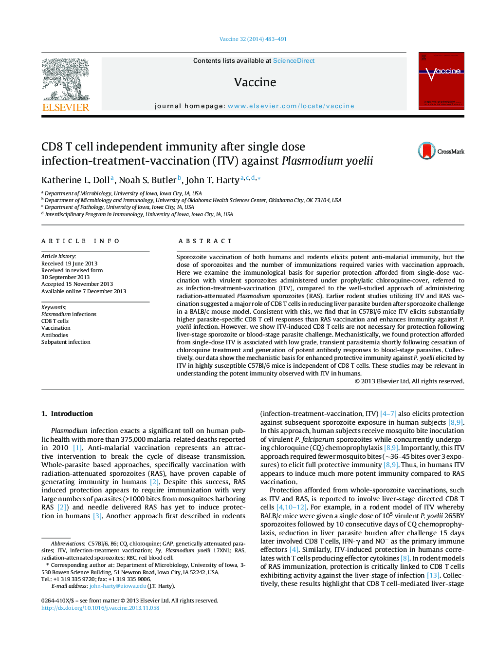 CD8 T cell independent immunity after single dose infection-treatment-vaccination (ITV) against Plasmodium yoelii