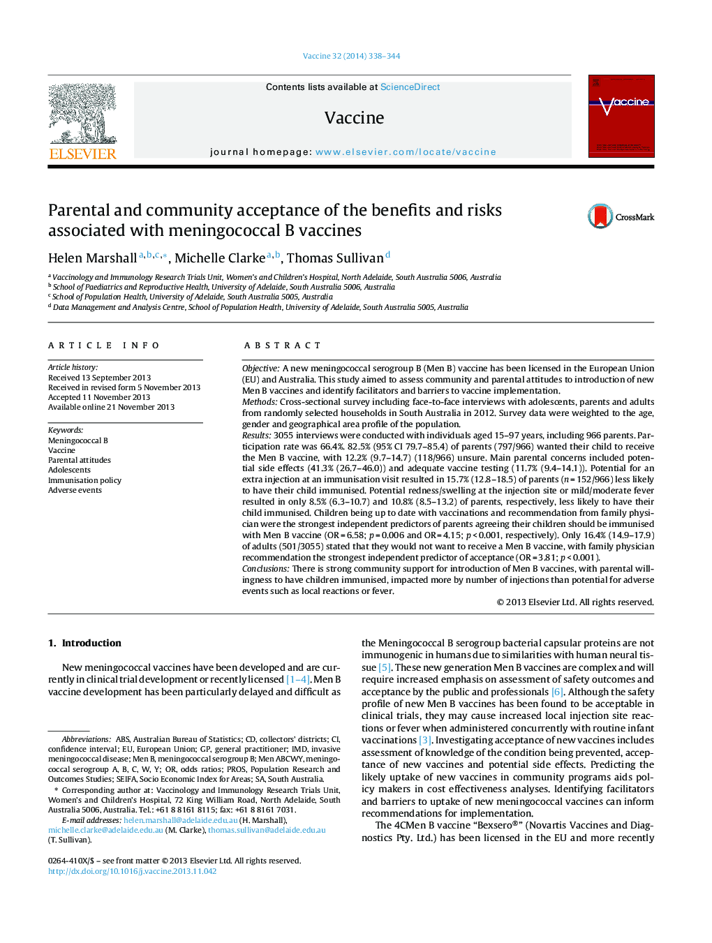 Parental and community acceptance of the benefits and risks associated with meningococcal B vaccines