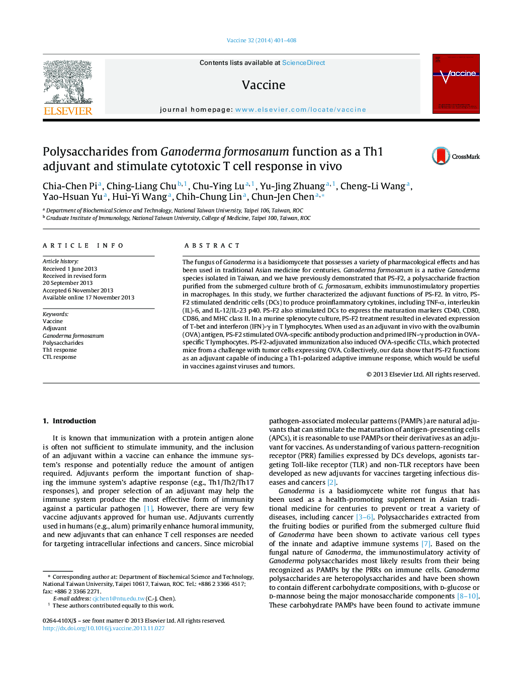 Polysaccharides from Ganoderma formosanum function as a Th1 adjuvant and stimulate cytotoxic T cell response in vivo