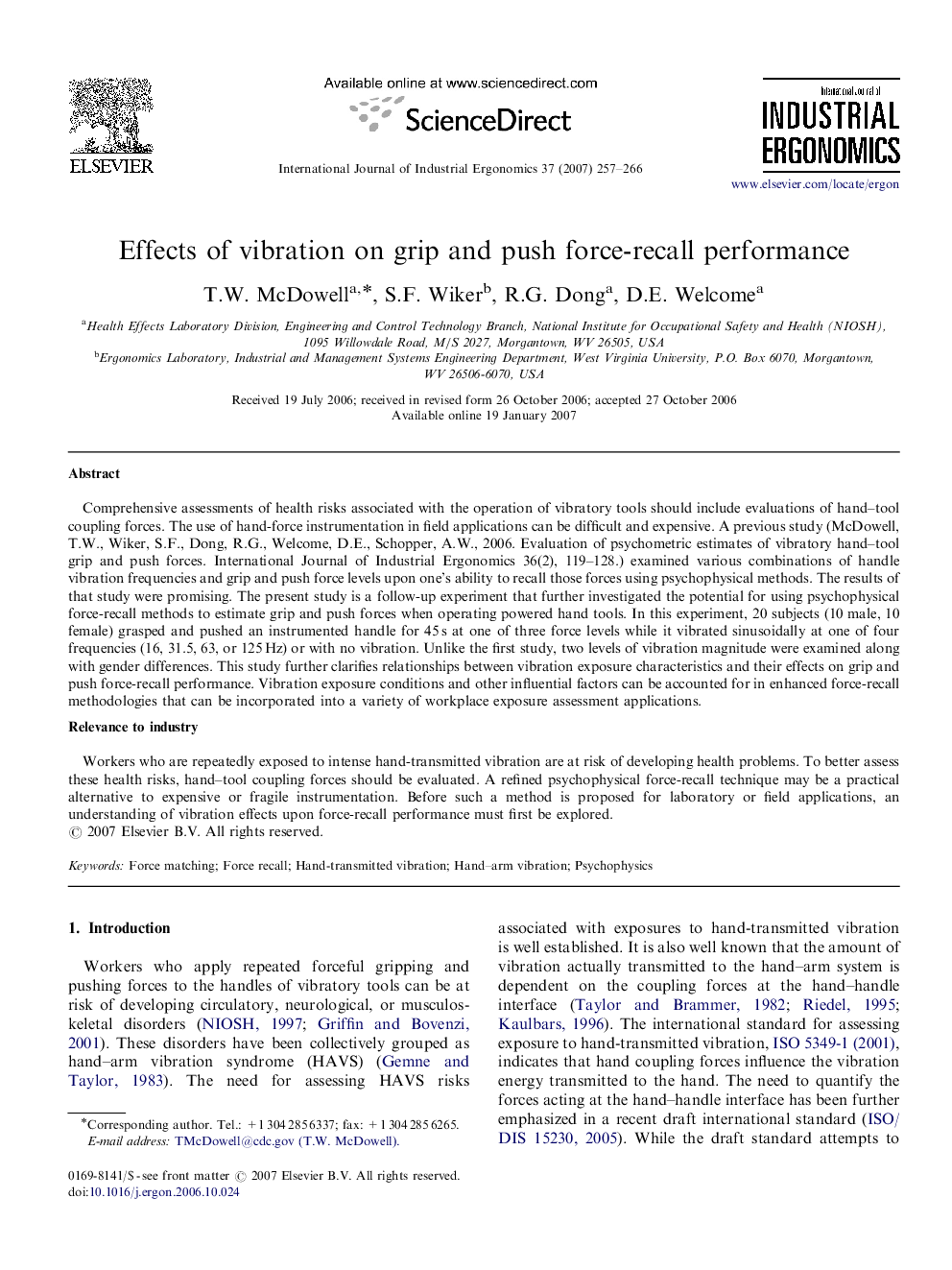 Effects of vibration on grip and push force-recall performance