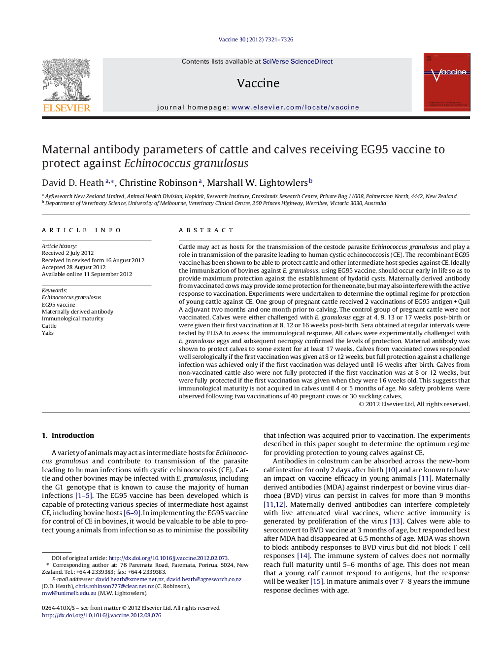 Maternal antibody parameters of cattle and calves receiving EG95 vaccine to protect against Echinococcus granulosus