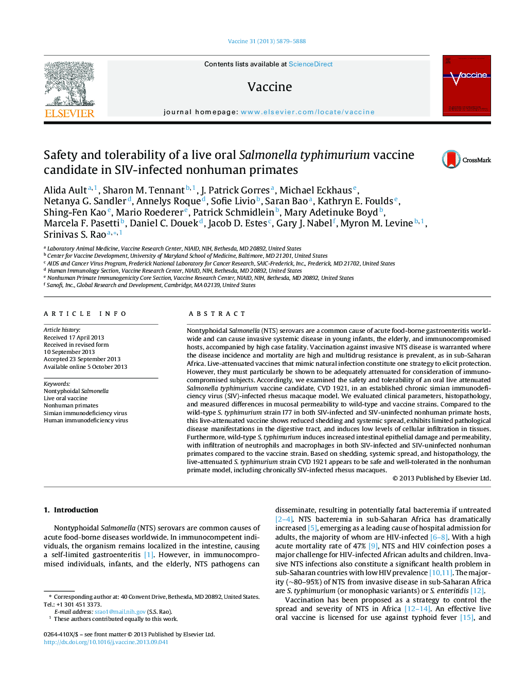 Safety and tolerability of a live oral Salmonella typhimurium vaccine candidate in SIV-infected nonhuman primates