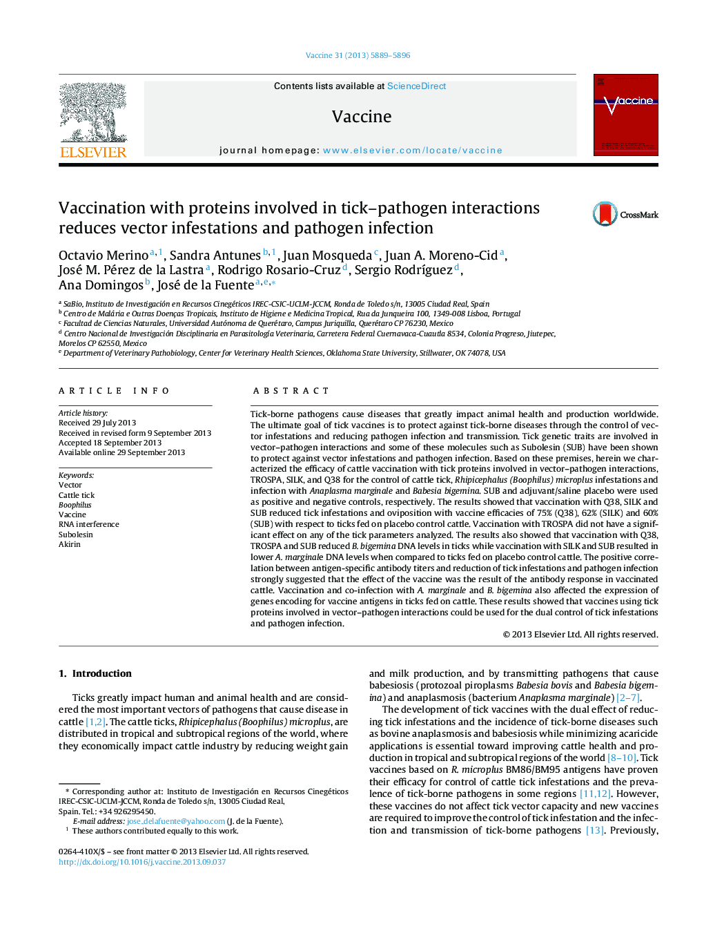 Vaccination with proteins involved in tick-pathogen interactions reduces vector infestations and pathogen infection