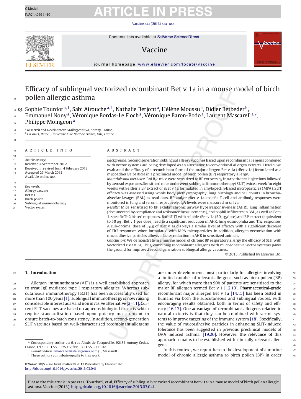 Efficacy of sublingual vectorized recombinant Bet v 1a in a mouse model of birch pollen allergic asthma