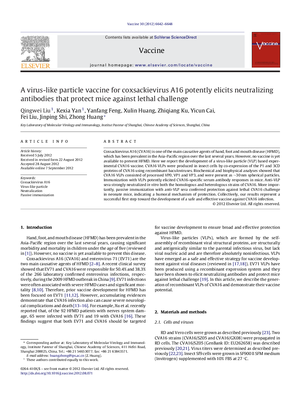 A virus-like particle vaccine for coxsackievirus A16 potently elicits neutralizing antibodies that protect mice against lethal challenge